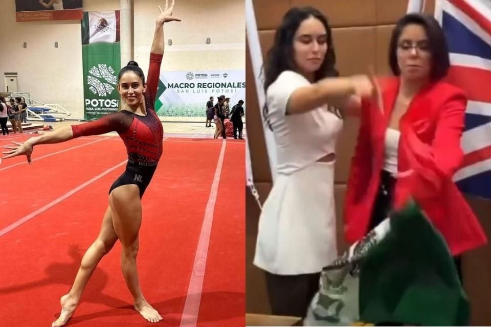 La gimnasta mexicana Elsa García fue criticada por haber arrojado al suelo la Bandera de México, acción que se observa en un video.