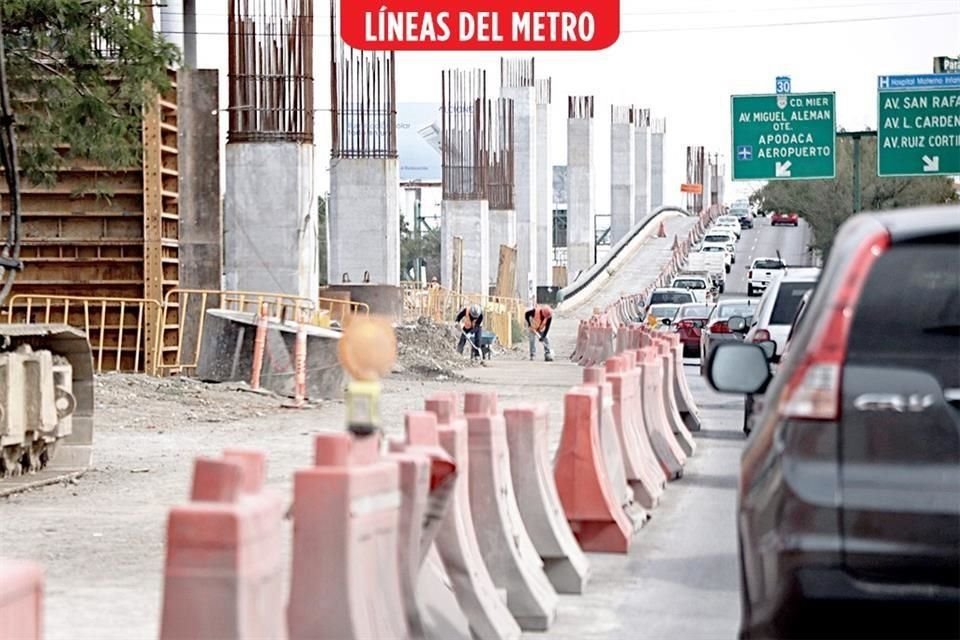 Las Líneas 4 y 6 del Metro, sobre las avenidas Constitución y Miguel Alemán (foto), respectivamente, lucen un panorama de columnas inconclusas y sin obras relevantes.