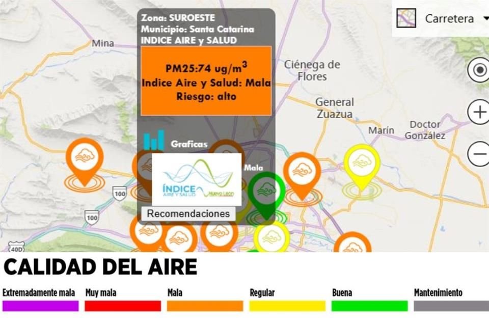 La estación en Santa Catarina arrojó el peor promedio de 12 horas en PM2.5, con 74 microgramos por metro cúbico.