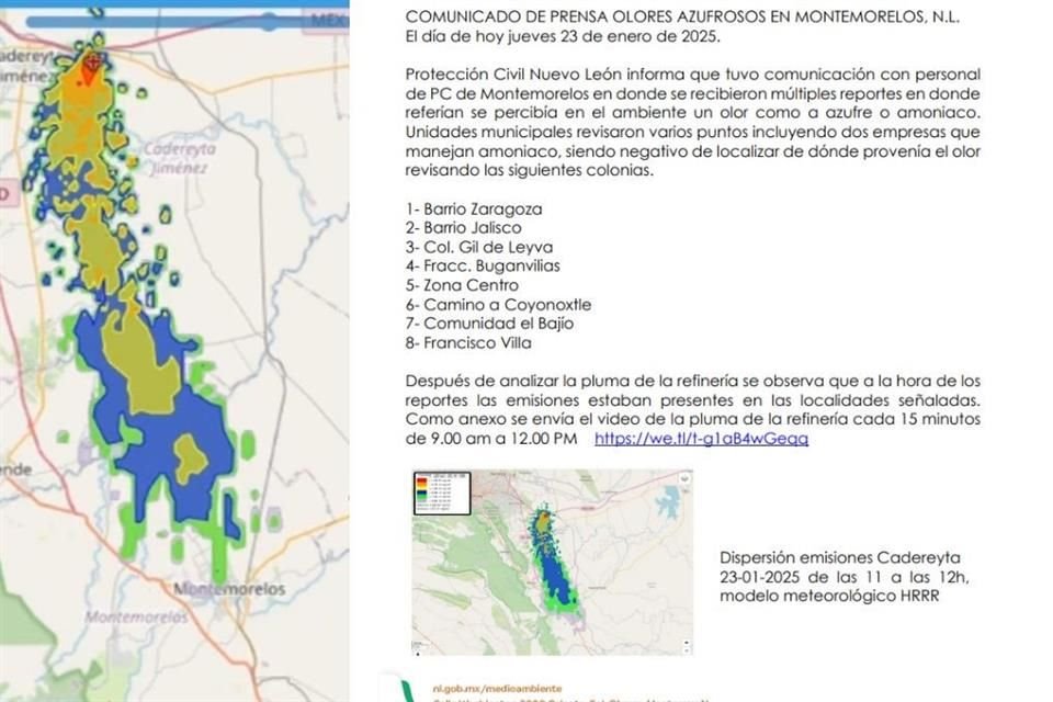 Medio Ambiente estatal informó que el olor coincidía con la pluma de emisiones de la Refinería de Cadereyta.