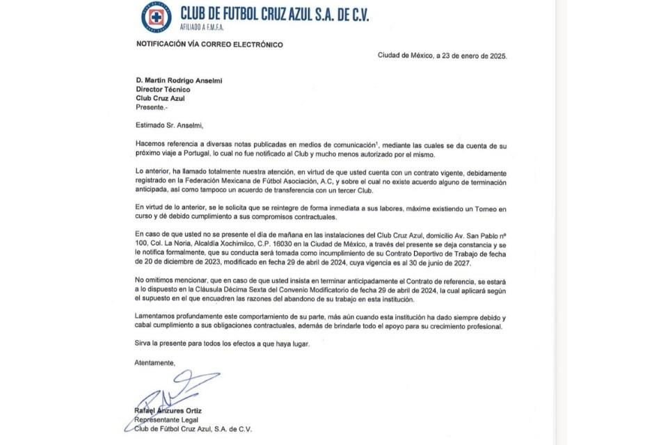 El equipo legal de Cruz Azul tomará acciones en caso de que Martín Anselmi no se presente a trabajar, pues no hubo desvinculación de contrato