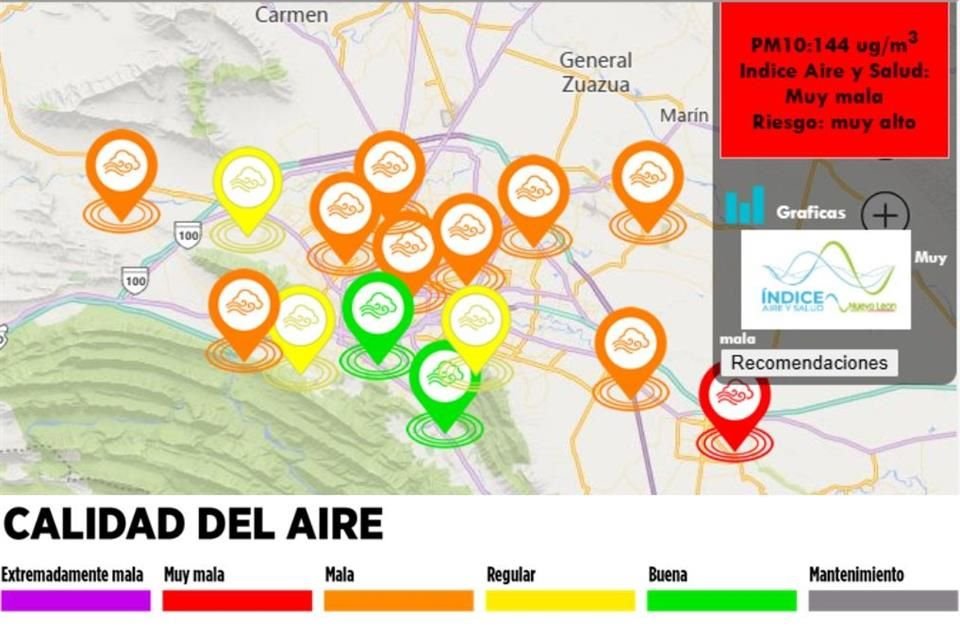 Al corte de las 11:00 horas, la estación de monitoreo de Cadereyta reportó muy mala calidad del aire.