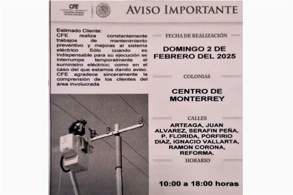 La CFE anunció el corte en el suministro este domingo 2 de febrero.