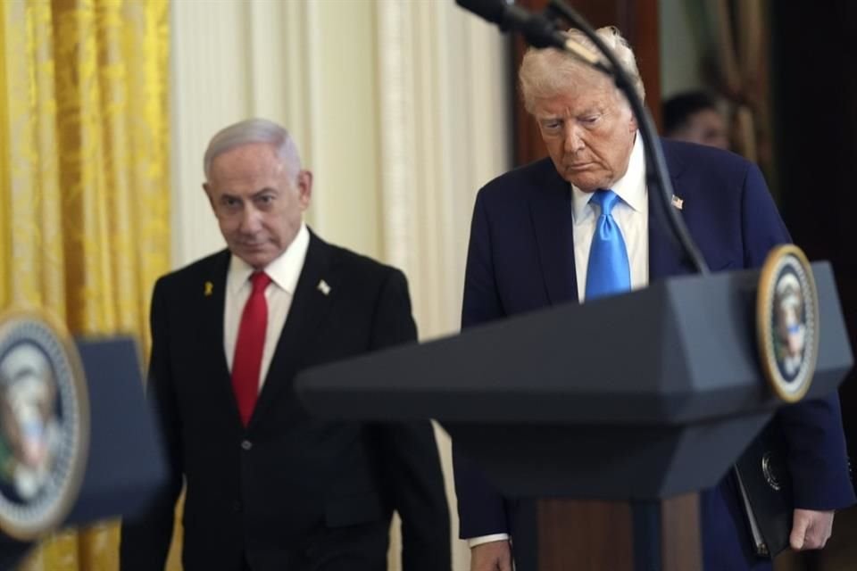 El Presidente Donald Trump y el Primer Ministro Benjamin Netanyahu llegan a una conferencia de prensa en la Casa Blanca, el 4 de febrero del 2025.