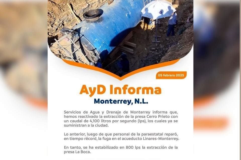 AyD  aseguró que el suministro fue reanudado con un volumen de 4 mil 100 litros por segundo, tras una reparación en 'tiempo récord' de la fuga.