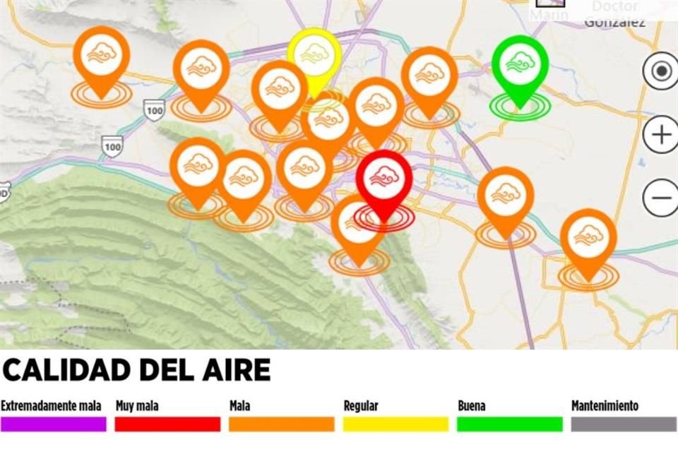 Al corte de las 14:00 horas, la estación de Guadalupe reportaba muy mala calidad del aire.