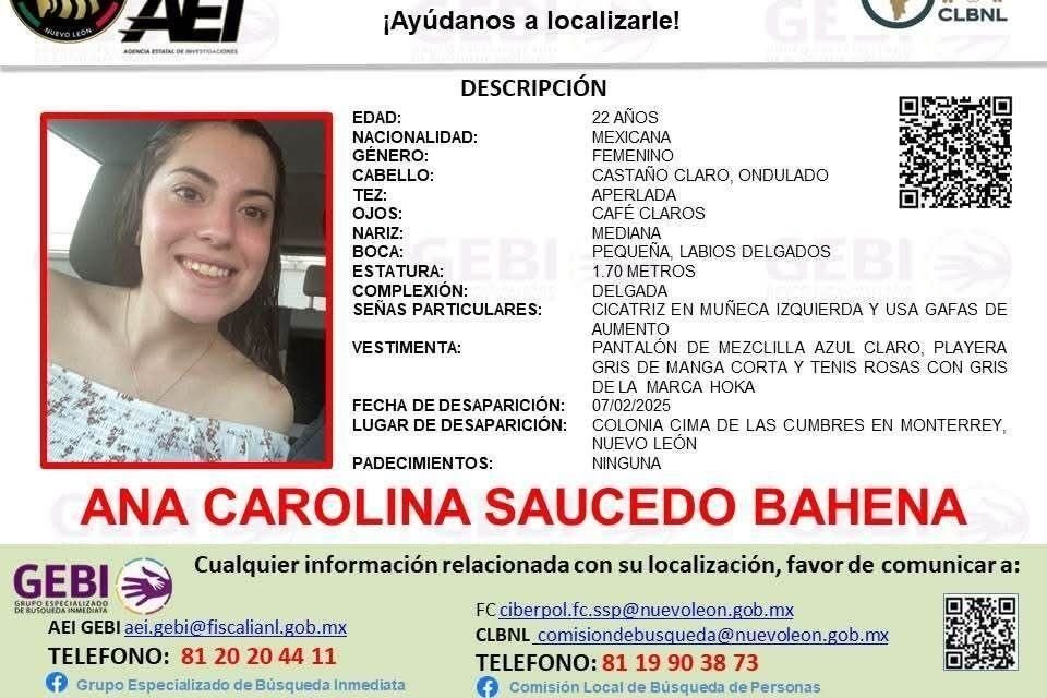 Autoridades lanzaron el reporte de búsqueda para localizar a Ana Carolina Saucedo Bahena, de 22 años.