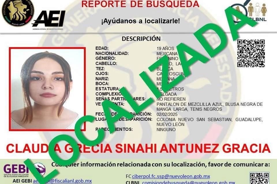 Entre las desaparecidas se encontraba Claudia Grecia Sinahí Antunez Gracia, de 19 años, quien fue vista por última vez el pasado 2 de febrero, en Guadalupe.