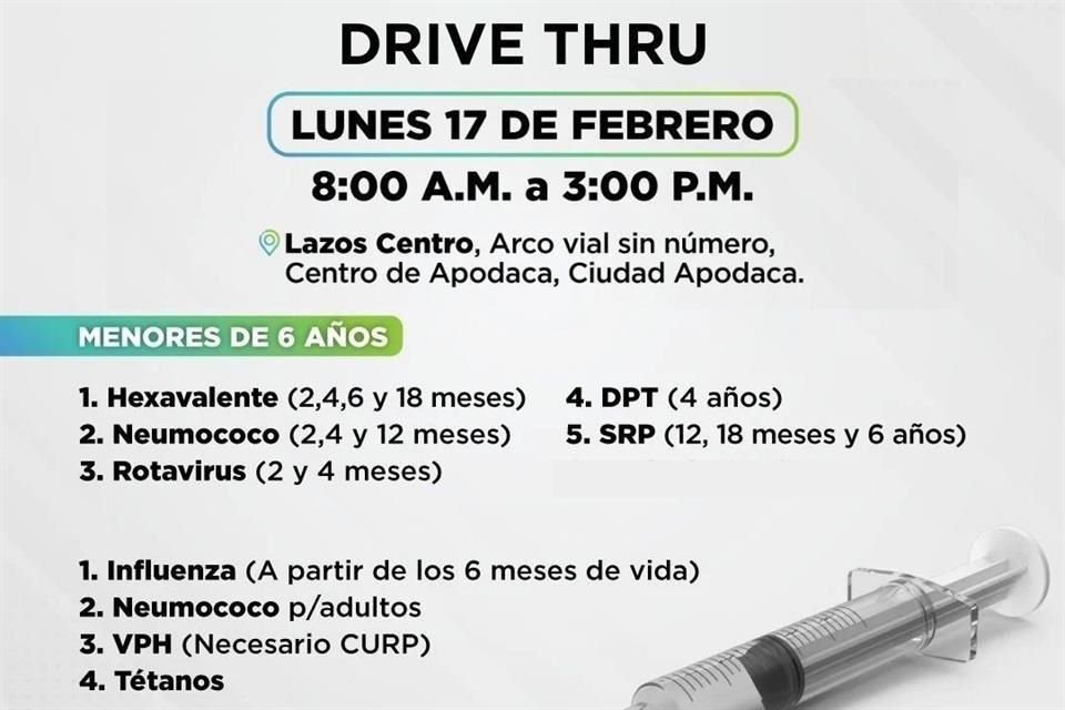 El Municipio de Apodaca anuncia inicio de campaña de vacunación para niños menores de seis años con módulo en modalidad drive thru.