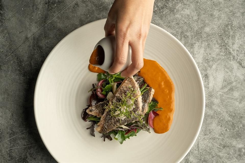 El mole ranchero de pescado (totoaba), de la zona del sureste es preparado con fumet (Caldo de pescado), chile ancho y pepitas de calabaza, ensalada de quelites, salicornia y setas salteadas.