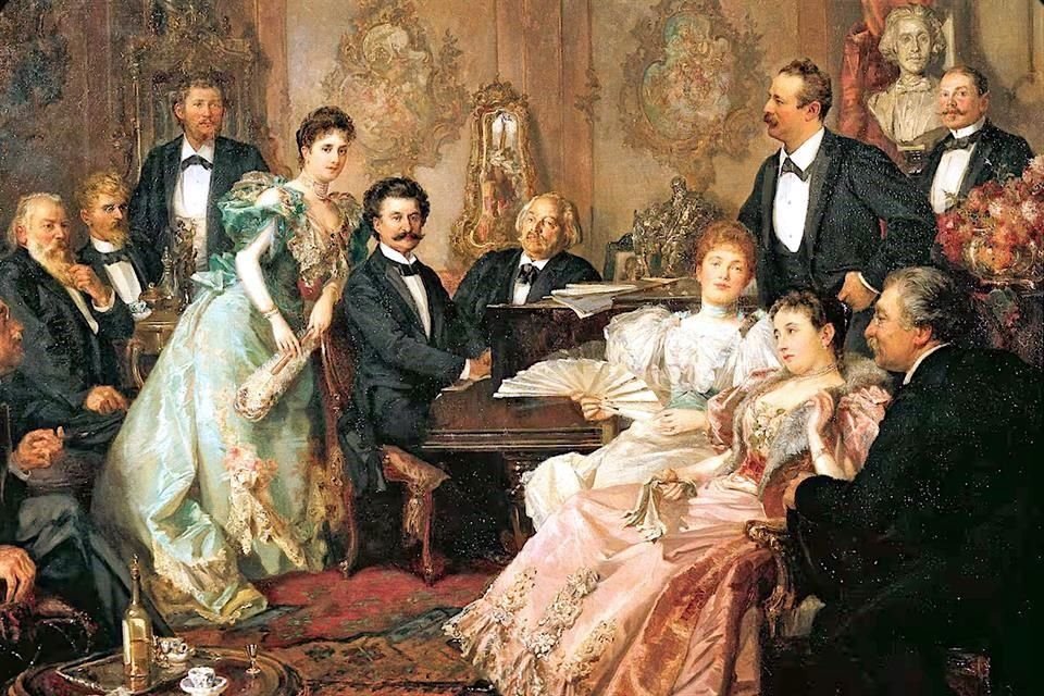 'Una noche con Johann Strauss', de Franz von Bayros. En la obra aparece sentado al piano Strauss II, su última esposa, Adele, a sus espaldas, y tocándse su barba, el amigo de ambos, Johannes Brahms.