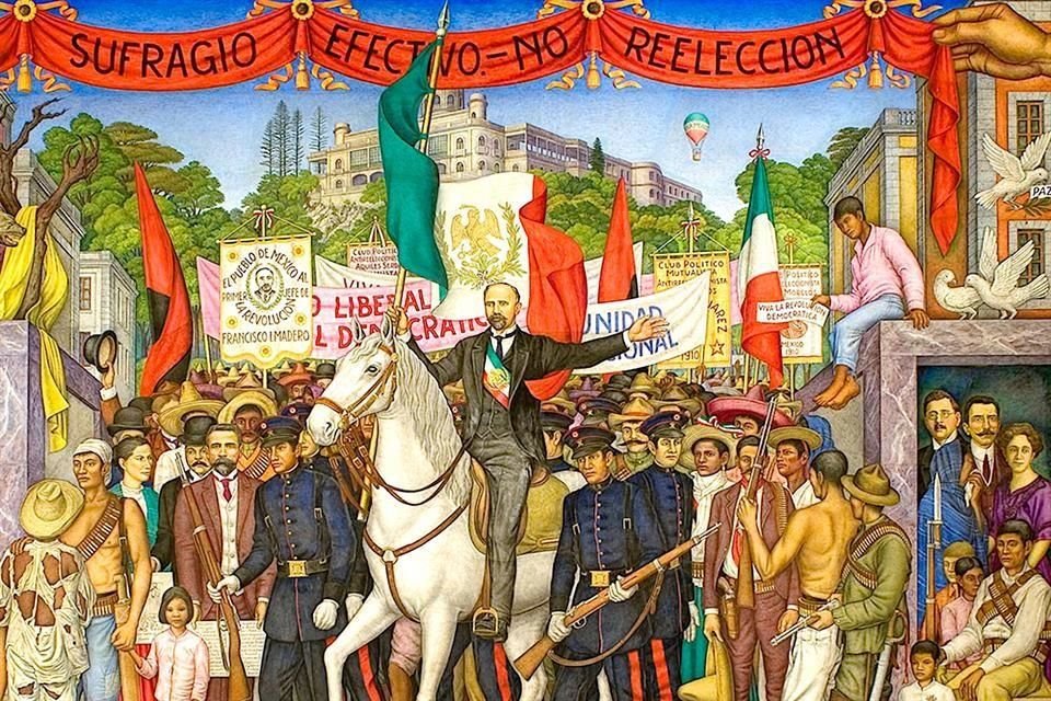 'Retablo de la Revolución (Sufragio efectivo no reelección)' (1968), mural de Juan O'Gorman (círculo), en la Sala Madero del Museo Nacional de Historia.