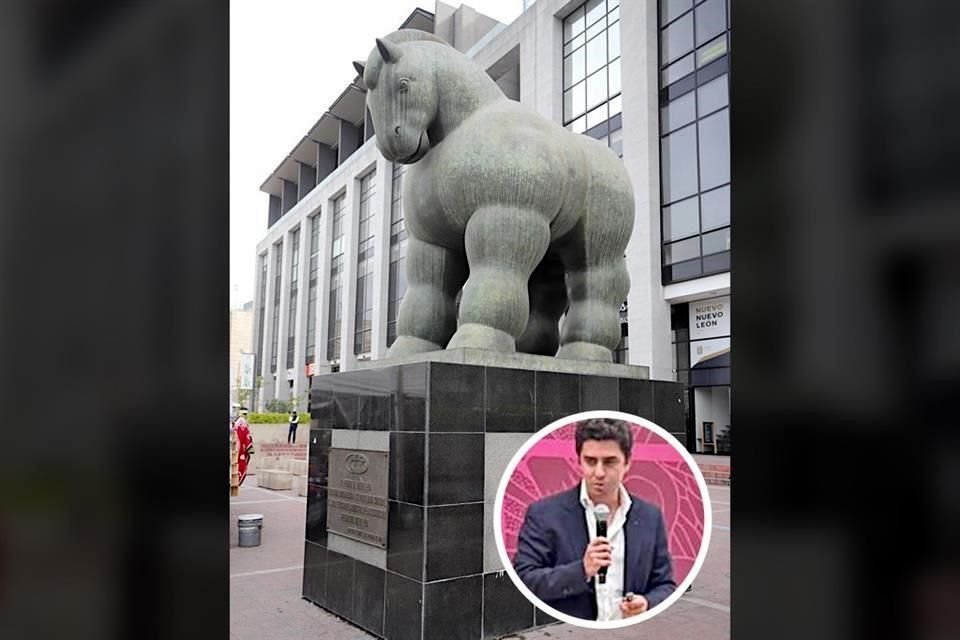 El 'Caballo', de Fernando Botero, se ubica a un costado de la Explanada del MHM. El nieto del artista, Fernando Botero Quintana (círculo), dio una charla en la UANL.