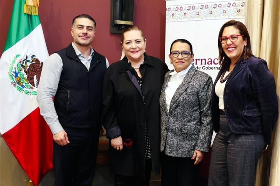 Omar García Harfuch, titular de SSPC; Guadalupe Taddei, Presidenta del INE, Rosa Icela Rodríguez, Secretaria de Gobernación, y la consejera electoral Claudia Zavala, durante reunión en Segob.