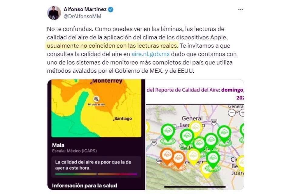 Alfonso Martínez, Secretario de Medio Ambiente, pidió vía X consultar calidad del aire en sitio oficial del Gobierno.