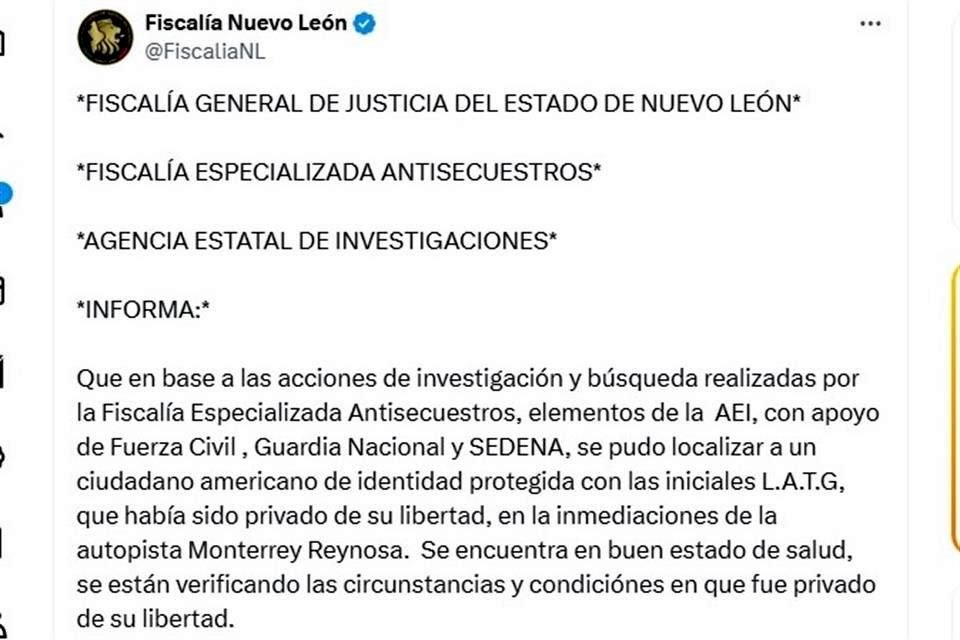 La Fiscalía estatal dio a conocer la localización del joven privado de la libertad el viernes.