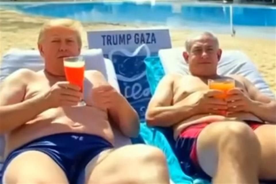 Donald Trump al lado de Netanyahu descansando en un camastro, ambos tomando bebidas cerca de una piscina, con 'Trump Gaza' visible en el fondo.