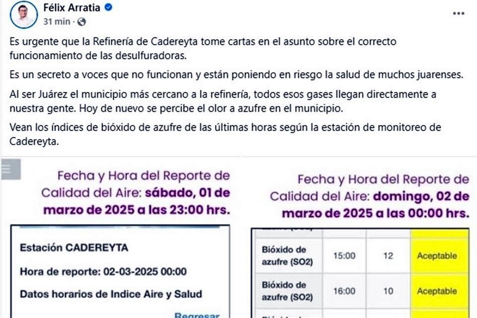 El Alcalde emecista Félix Arratia atribuyó los olores a la Refinería de Cadereyta.