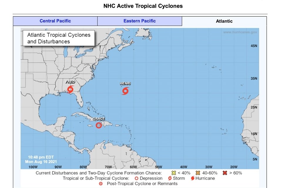 El Centro Nacional de Huracanes de Estados Unidos registra en el Atlántico, además de 'Grace', a la tormenta 'Fred' y a la depresión tropical 'Henri'.