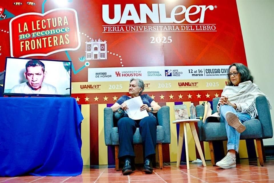 Reynol Pérez Vázquez (en línea), Saskia Juárez y Dolores Hernández durante la presentación de Ana rumbo a la tarde.
