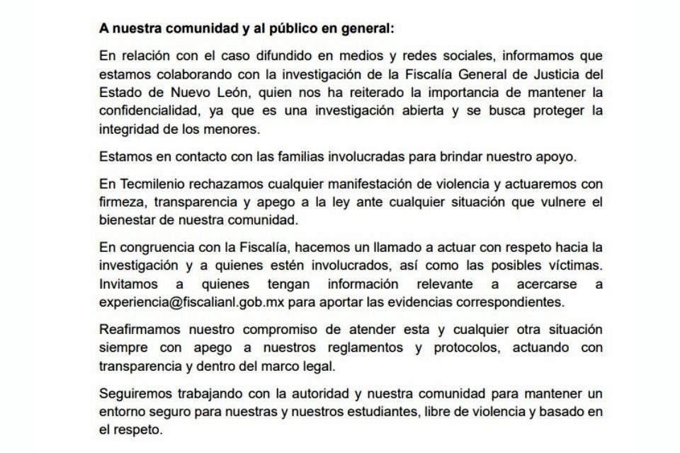 Comunicado del TecMilenio.