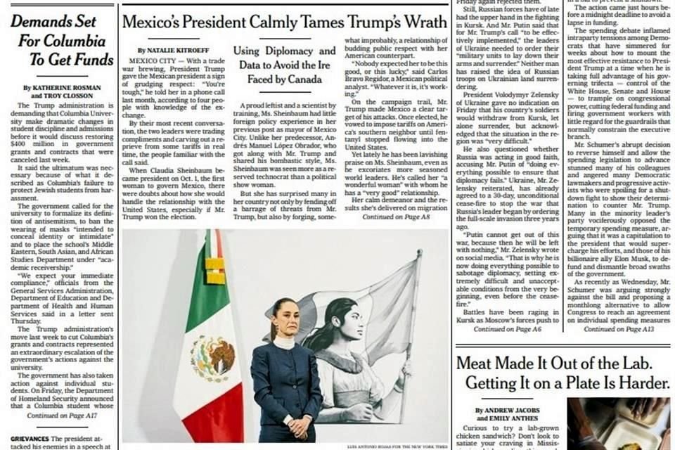 En su edición del sábado, el diario The New York Times publicó un artículo en su portada sobre la Presidenta Sheinbaum.