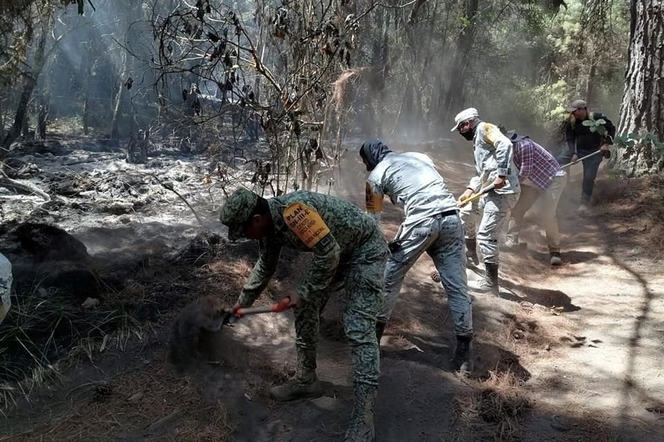 La Guardia Nacional informó que el personal desplegado ha hecho brechas corta fuego alrededor de las zonas donde todavía se registran llamas para evitar que se extiendan a zonas aledañas