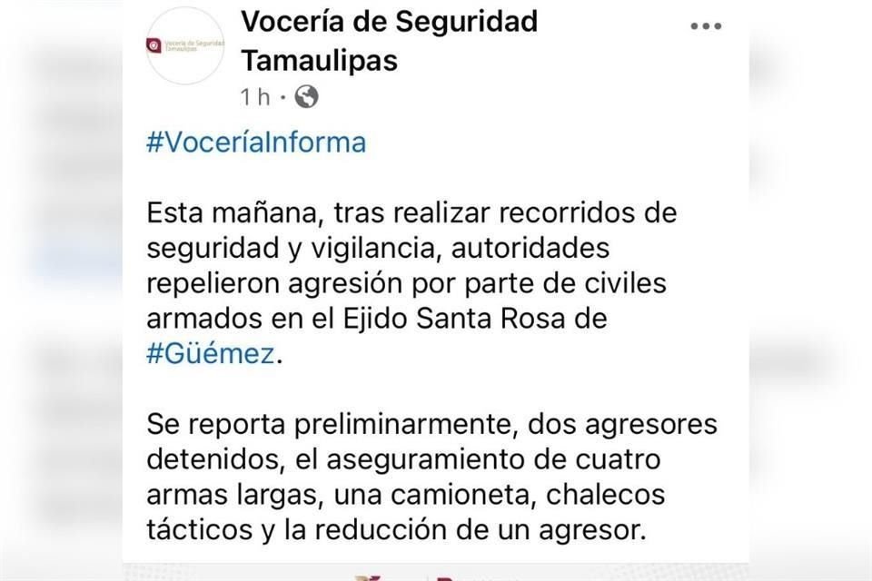 La Vocería de Seguridad Tamaulipas detalló que el incidente ocurrió en el Ejido Santa Rosa.