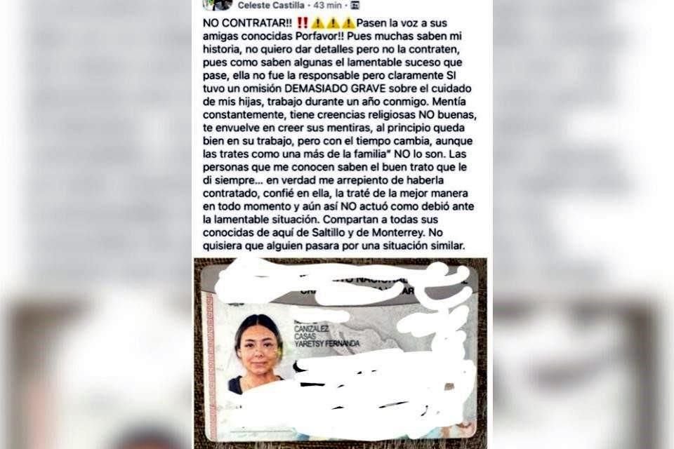 La madre de las niñas publicó en sus redes una identificación de la niñera Yaretsy Fernanda Canizales.
