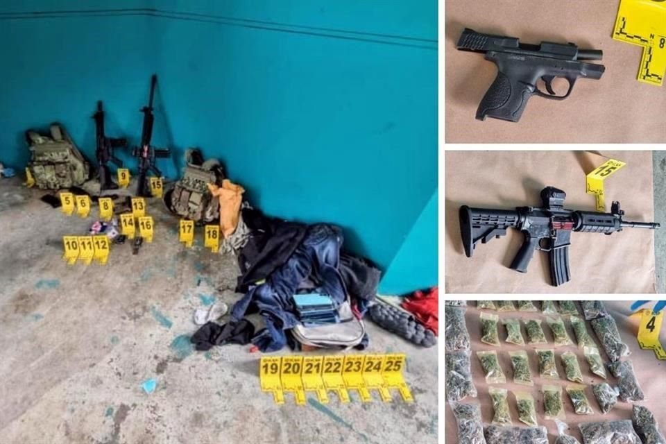 Entre lo asegurado había dos armas largas, dos pistolas, chalecos balísticos, cargadores y drogas.