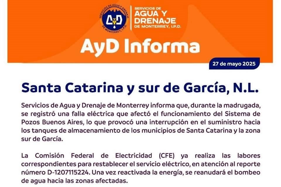 Comunicado de Agua y Drenaje de Monterrey.