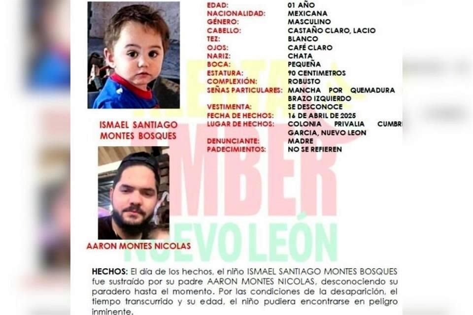 Autoridades lanzaron la alerta para tratar de localizar al menor Ismael Santiago Montes Bosques, de 1 año de edad, quien fue sustraído por su papá.