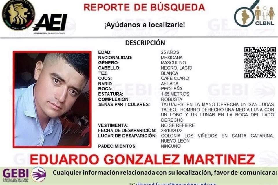La Comisión Local de Búsqueda de Personas confirmó que Eduardo González Martínez era el mismo que había sido reportado como desaparecido el 28 de octubre de 2023.