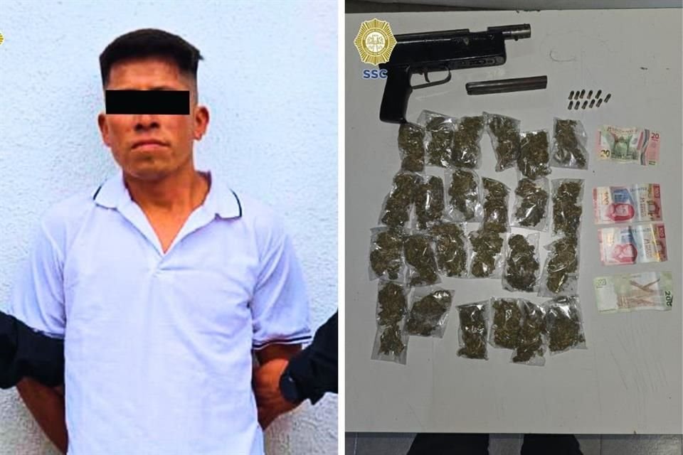 Al revisarlo le encontraron 24 bolsitas con mariguana, un arma de fuego tipo subametralladora con un cargador y 12 cartuchos útiles.