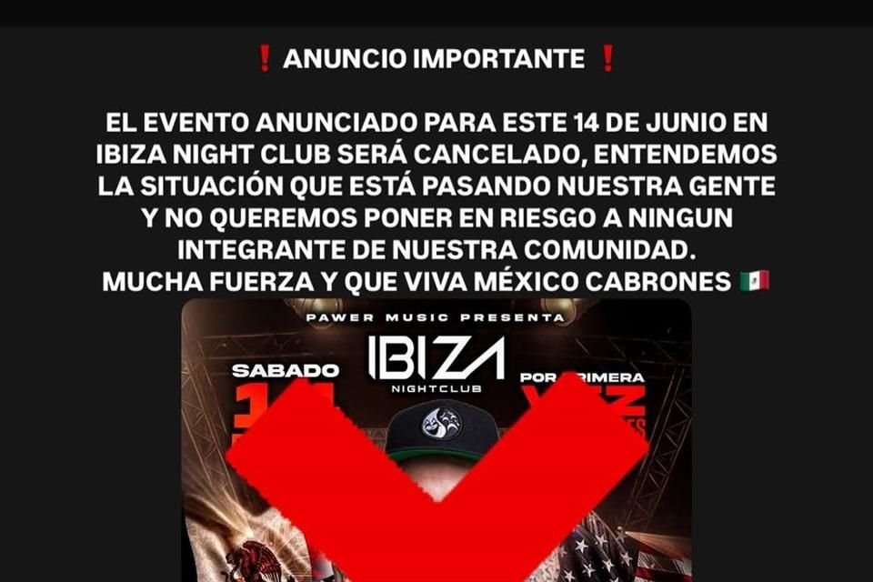 Emiliano anunció la cancelación de su concierto previsto para el sábado 14 de junio en el Ibiza Night Club de Los Ángeles.