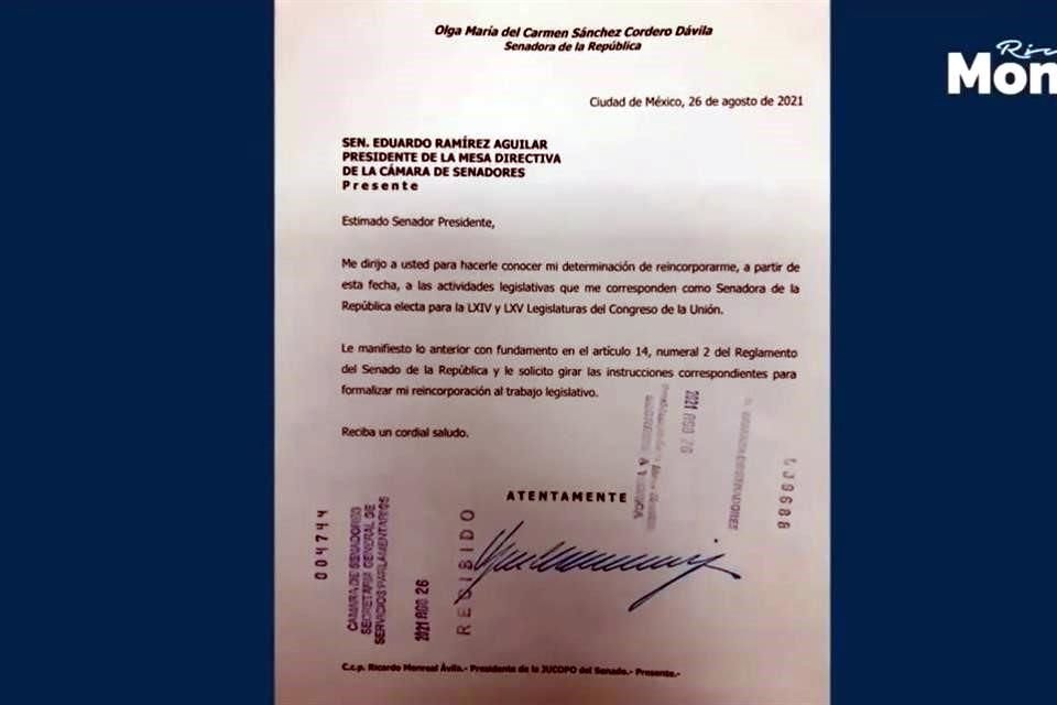 Solicitud de reincorporación de Olga Sánchez Cordero.