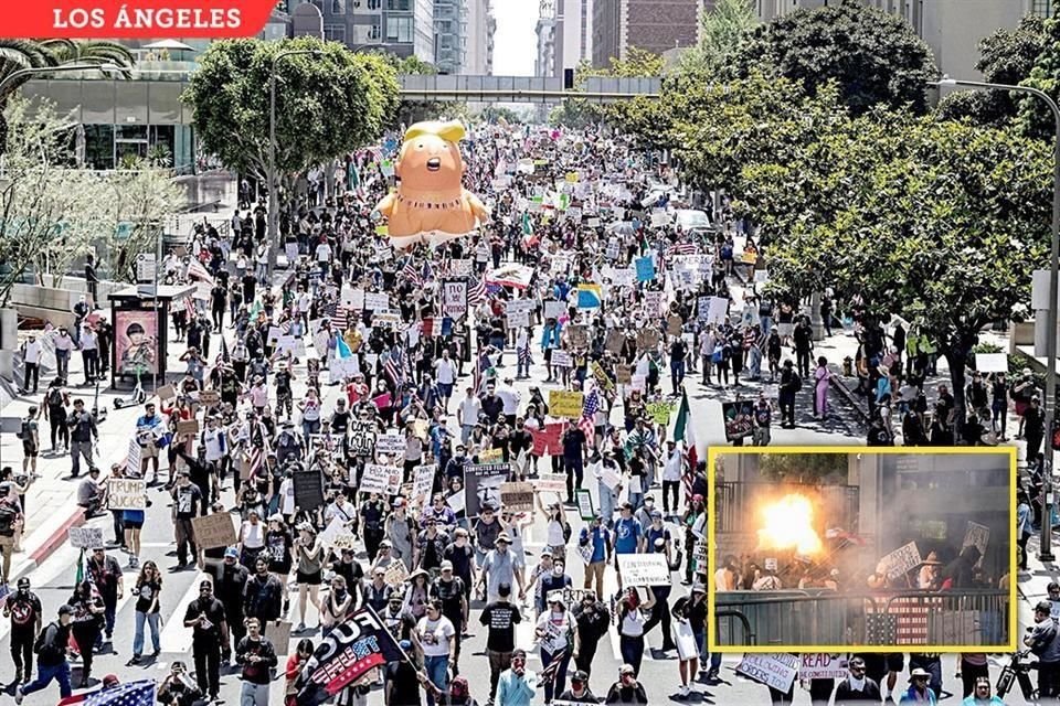 Aunque la masiva protesta contra Trump en Los Ángeles fue pacífica, algunos manifestantes chocaron policías (recuadro).