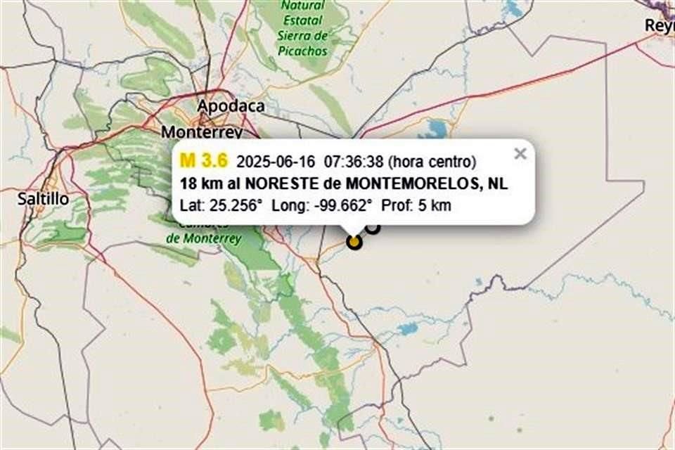 El evento sísmico se presentó a las 7:36 horas de hoy a 18 kilómetros al noreste de Montemorelos.