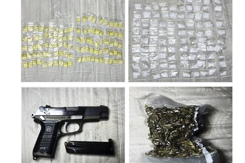 Agentes aseguraron 99 dosis de aparente cocaína, 95 de al parecer metanfetamina, 300 gramos de posible mariguana a granel y un arma de fuego.