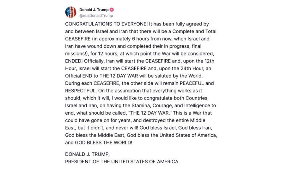 El Presidente de Estados Unidos, Donald Trump, dijo en Truth Social que Israel e Irán acordaron un alto al fuego.