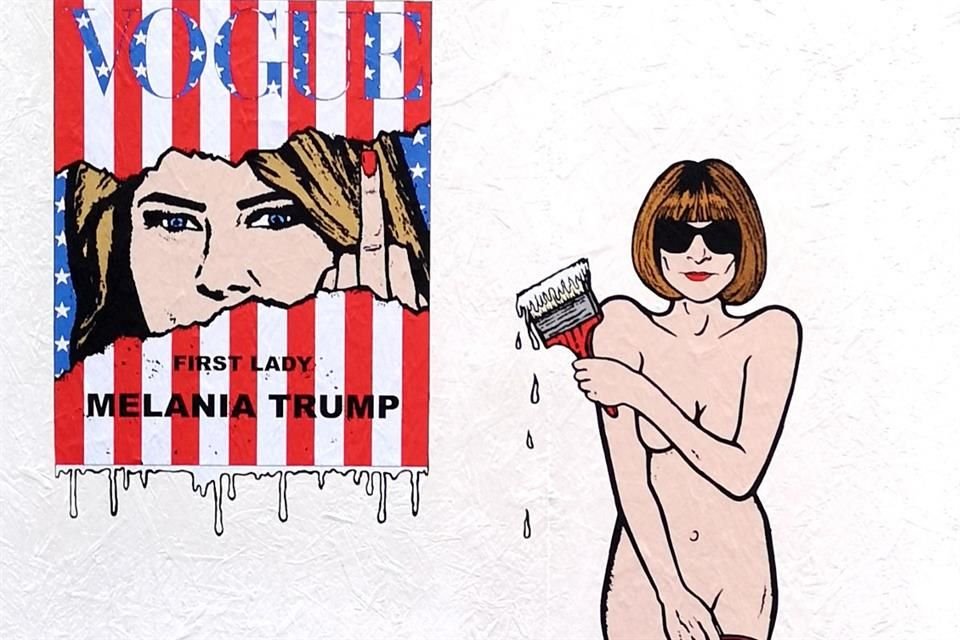 En la obra de Palombo, se ve a Wintour desnuda mientras publica la portada de Vogue América con un desgarro en el centro, por el cual se observa la mirada de Melania mientras enseña el dedo medio