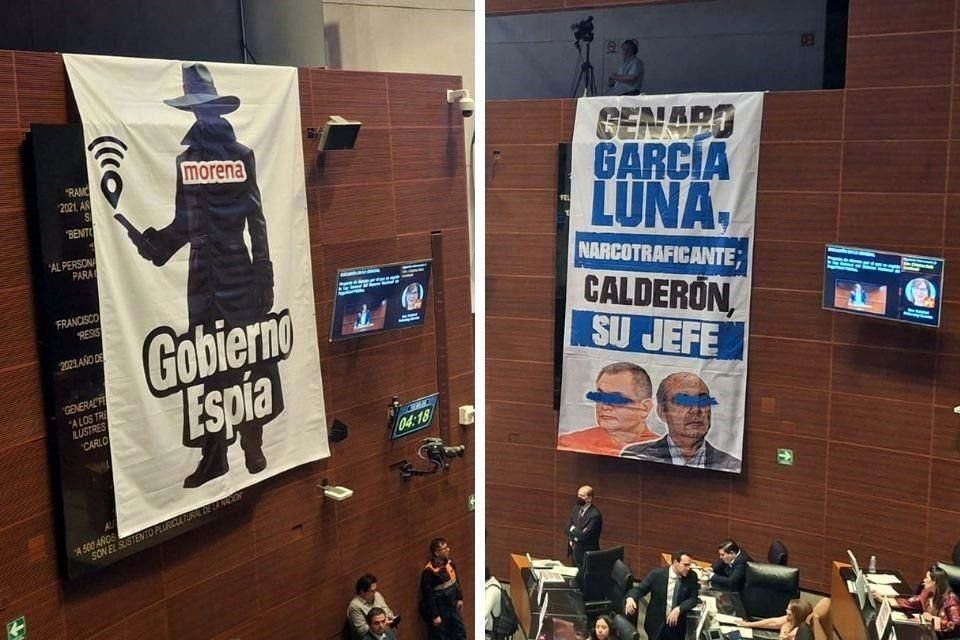 La Oposición colgó una manta acerca del llamado 'Gobierno Espía', mientras que Morena colgó otra sobre la investigación hacia Genaro García Luna