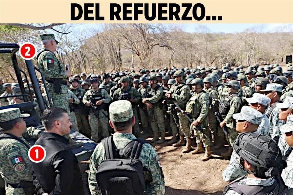 El Gobierno ha enviado más de 10 mil militares a Sinaloa. En febrero, Omar García Harfuch (1) y Ricardo Trevilla (2) encabezaron la llegada de 300 elementos de 'Fuerzas Especiales'.