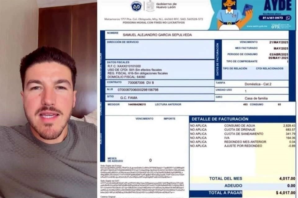 En otra publicación, el emecista compartió un recibo de abril, por 4 mil 017 pesos, y un consumo de 65 mil litros de agua ese mes.