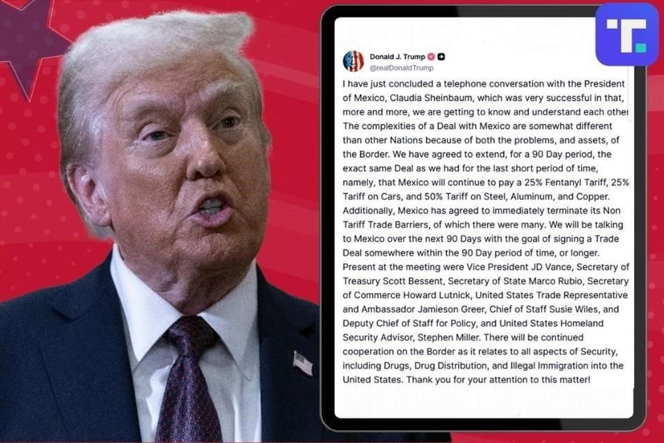 Trump informó que acordó con Sheinbaum aplazar por 90 días los aranceles adicionales a México.