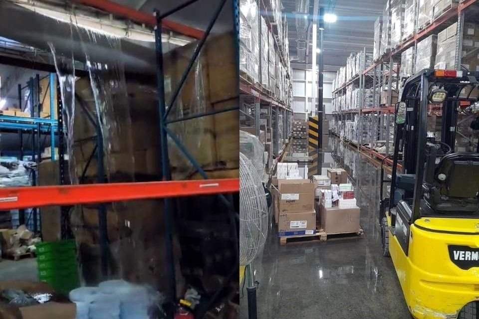  El techo de una carpa cedió ante las lluvias y se formó una cascada que dañó material.