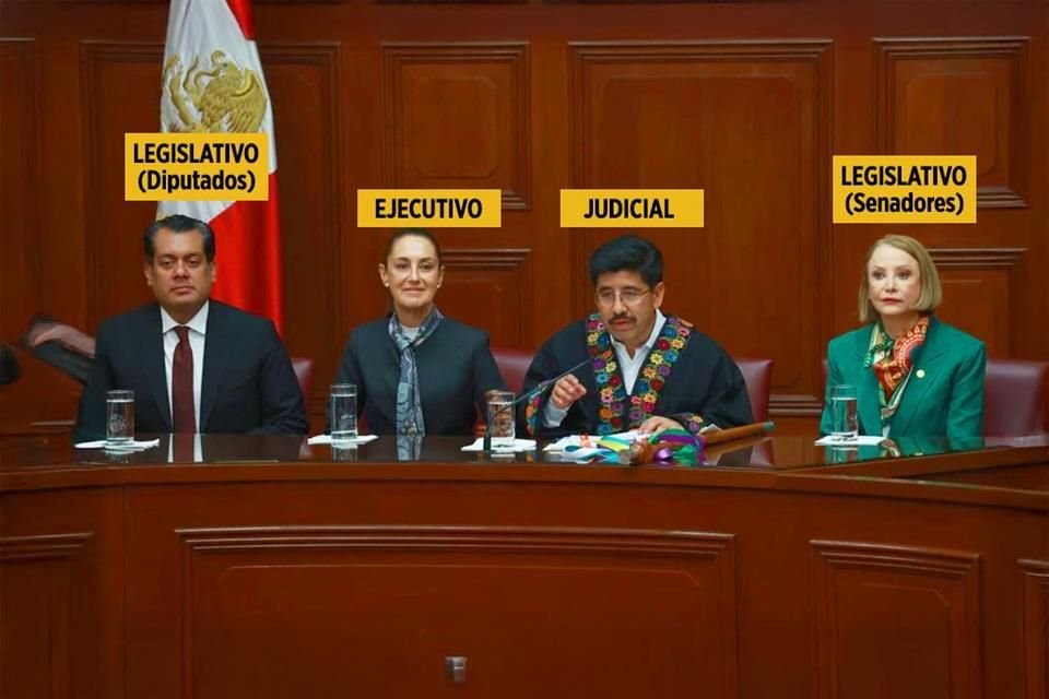 El diputado Sergio Gutiérrez, la Presidenta Claudia Sheinbaum, el titular del Poder Judicial, Hugo Aguilar, y la senadora Laura Castillo, morenistas, ostentaron anoche el control de la 4T en la ceremonia de toma de posesión de la nueva Corte.