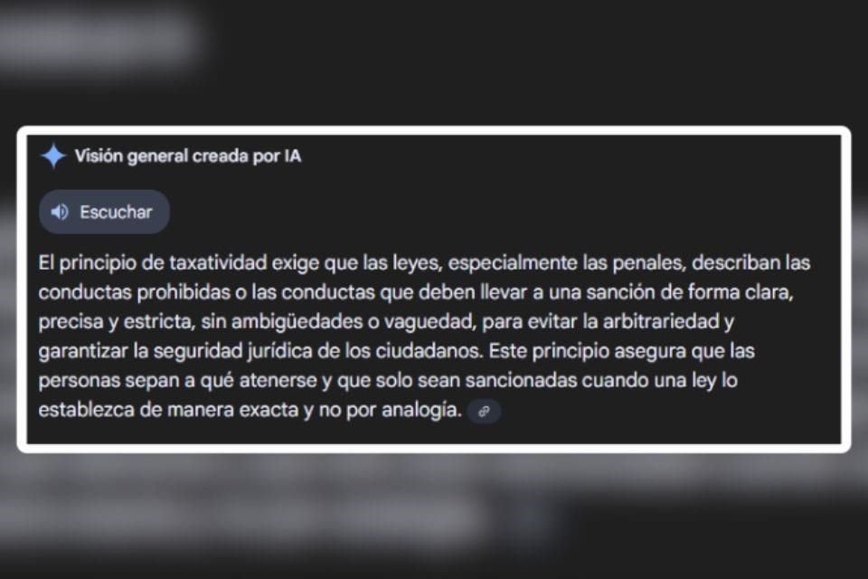 Al buscar en Google el principio de Taxatividad, la inteligencia artificial del navegador lanza prácticamente la misma definición que leyó el Ministro Guerrero durante la reunión de la Corte.