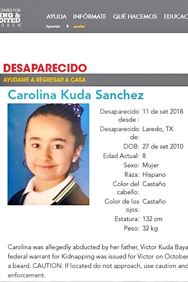 La desaparición de Carolina Kuda Sánchez está reportada en el sitio del Centro Nacional de Niños Desaparecidos y Explotados en Estados Unidos.