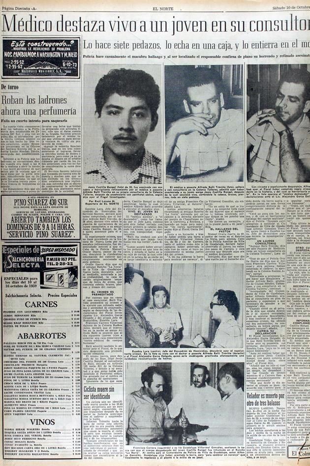 El 8 de octubre de 1959, el doctor Alfredo Ballí Treviño asesinó a su amigo Jesús Castillo Rangel, a quien durmió, después lo descuartizó y metió en una caja en su consultorio.